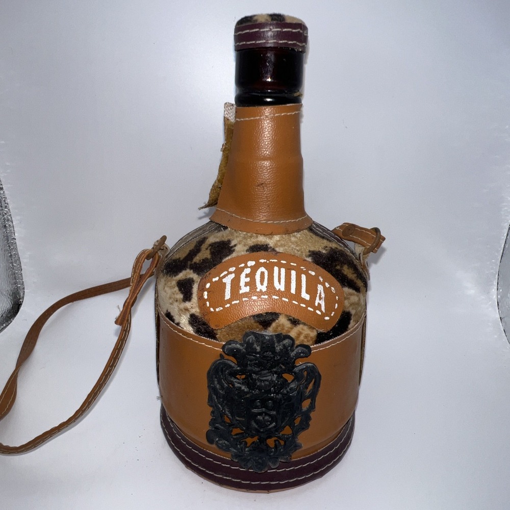 Vtg Tequila Bottle Leather Cowhide Wrapped Decanter Souvenir Mexican Folk Art